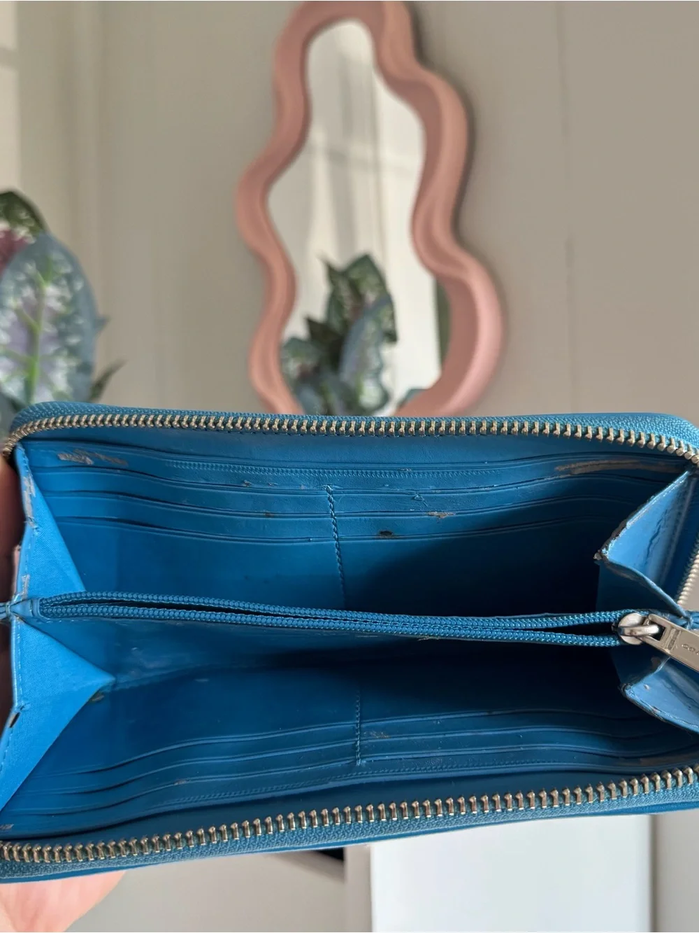 Coach Beige Signature Tote with Bright Blue Leather Trim and Matching Wallet